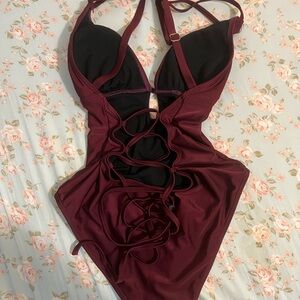 Burgundy lace up Swimsuit((excellent condition))